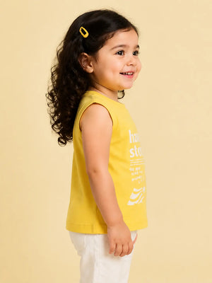 BloomUp Yellow Graphic Sleeveless Kids T-Shirt – “Hawaii Stories” Summer Tee for Toddlers