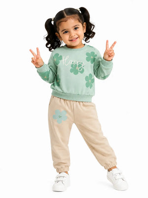 BloomUp Mint Green Happy Floral Sweatshirt & Beige Jogger Set for Girls – Soft Fleece Kids Co-ord Winter Outfit