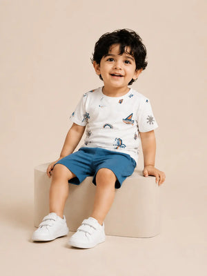 BloomUp Blue & White Printed Kids T-Shirt & Shorts Set – Comfortable Summer Wear for Toddlers