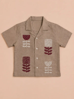BloomUp Beige Embroidered Short Sleeve Shirt for Toddlers – Premium Cotton Summer Wear for Boys