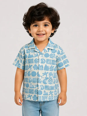 BloomUp Blue Printed Short Sleeve Shirt for Toddlers – Lightweight Cotton Summer Wear for Boys