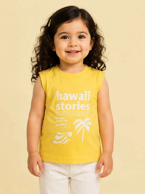 BloomUp Yellow Graphic Sleeveless Kids T-Shirt – “Hawaii Stories” Summer Tee for Toddlers