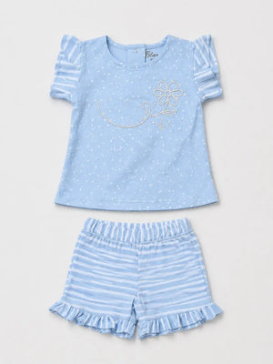 BloomUp Light Blue Frill Sleeve Top & Striped Shorts Set – Comfortable Cotton Summer Outfit for Toddler Girls