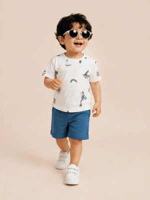 BloomUp Blue & White Printed Kids T-Shirt & Shorts Set – Comfortable Summer Wear for Toddlers