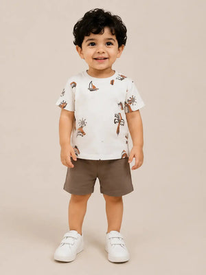 BloomUp Chocolate Brown Printed Kids T-Shirt & Shorts Set – Comfortable Summer Wear for Toddlers