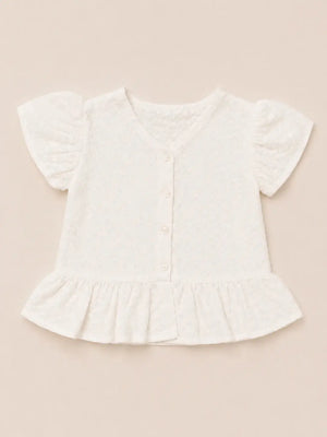 BloomUp White Lace Puff-Sleeve Top with Peplum Hem – Stylish Summer Wear for Toddlers