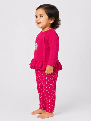 BloomUp Fuchsia Pink Ruffle Sweatshirt & Floral Legging Set for Girls – Soft Cotton Kids Co-ord Outfit
