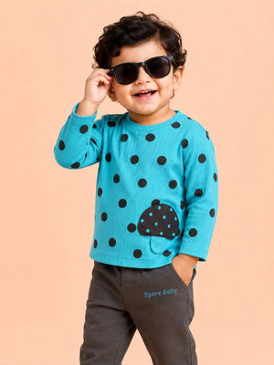 BloomUp Turquoise Blue Polka Dot Mushroom Applique Co-ord Set for Baby Boys – Soft Full Sleeve Top & Black Pants Kids Outfit