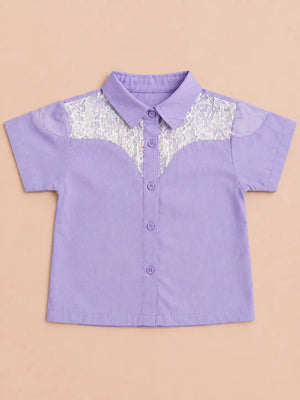 BloomUp Lavender Lace Panel Shirt for Girls – Soft Cotton Button-Down Casual Summer Top
