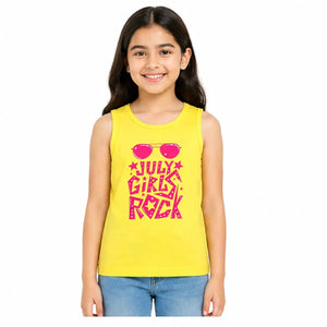 Yellow Jolly Girls Rock Graphic Sleeveless Top for Girls – Soft Cotton Summer Wear Kids Tank Top BloomUp
