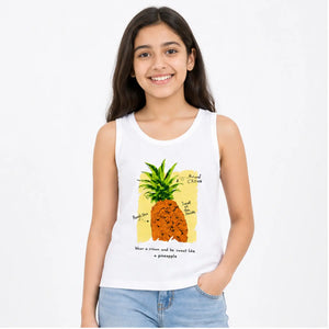 White Pineapple Graphic Sleeveless Top for Girls – Soft Cotton Summer Wear Kids Tank Top BloomUp