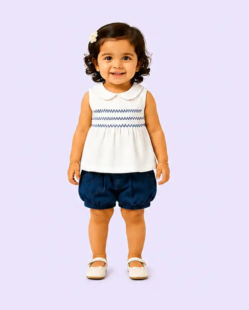 BloomUp Peach Smocked Top & Denim Shorts Kids Co-ord Set – Soft Cotton Summer Outfit for Girls