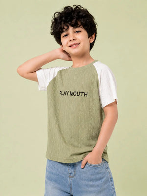 BloomUp Boys Olive Green & White Raglan Textured Cotton T-Shirt – PLAY MOUTH Casual Tee
