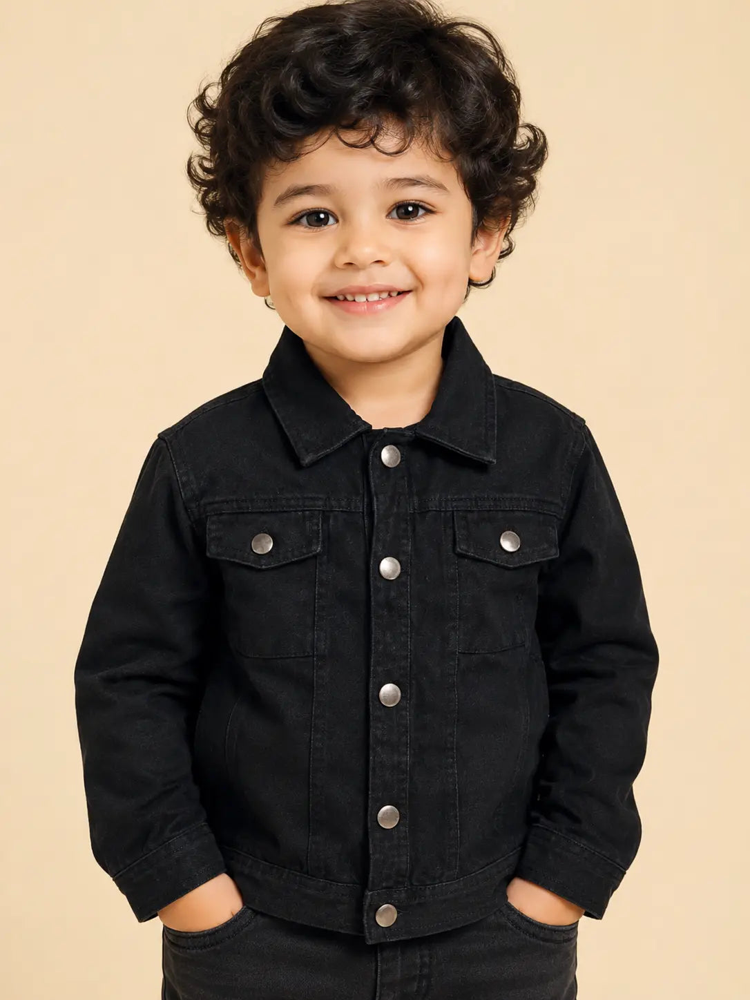 BloomUp Black Classic Denim Jacket for Kids – Premium Cotton Winter Wear Full Sleeve Button-Up Jacket