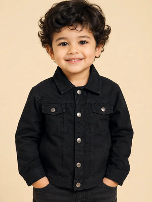 BloomUp Black Classic Denim Jacket for Kids – Premium Cotton Winter Wear Full Sleeve Button-Up Jacket