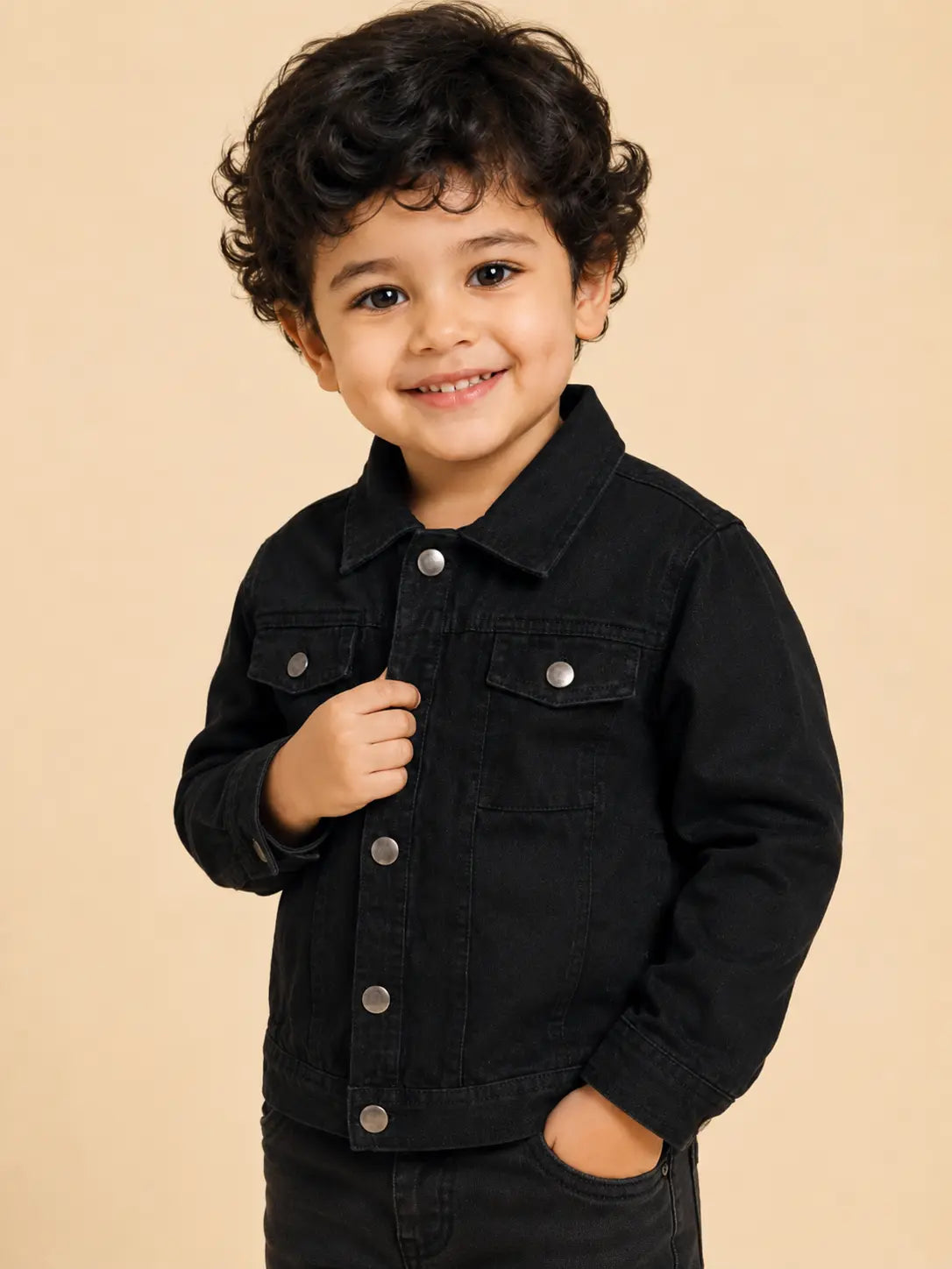 BloomUp Black Classic Denim Jacket for Kids – Premium Cotton Winter Wear Full Sleeve Button-Up Jacket