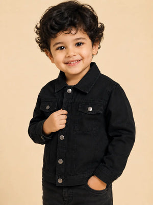 BloomUp Black Classic Denim Jacket for Kids – Premium Cotton Winter Wear Full Sleeve Button-Up Jacket