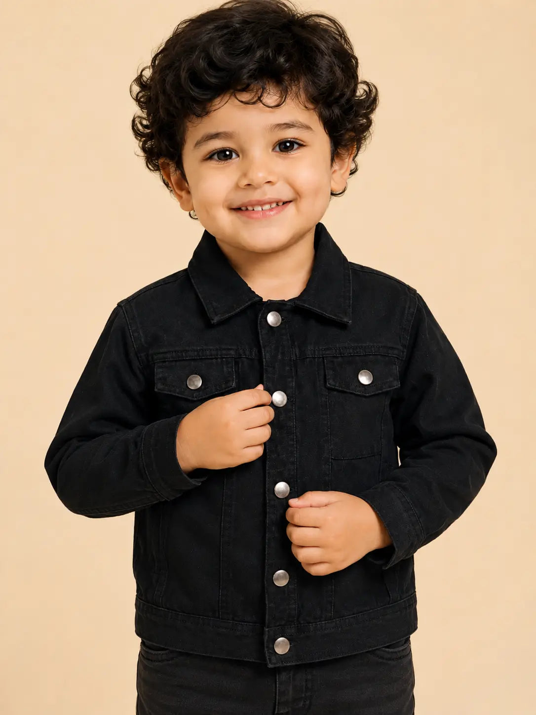 BloomUp Black Classic Denim Jacket for Kids – Premium Cotton Winter Wear Full Sleeve Button-Up Jacket