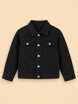 BloomUp Black Classic Denim Jacket for Kids – Premium Cotton Winter Wear Full Sleeve Button-Up Jacket