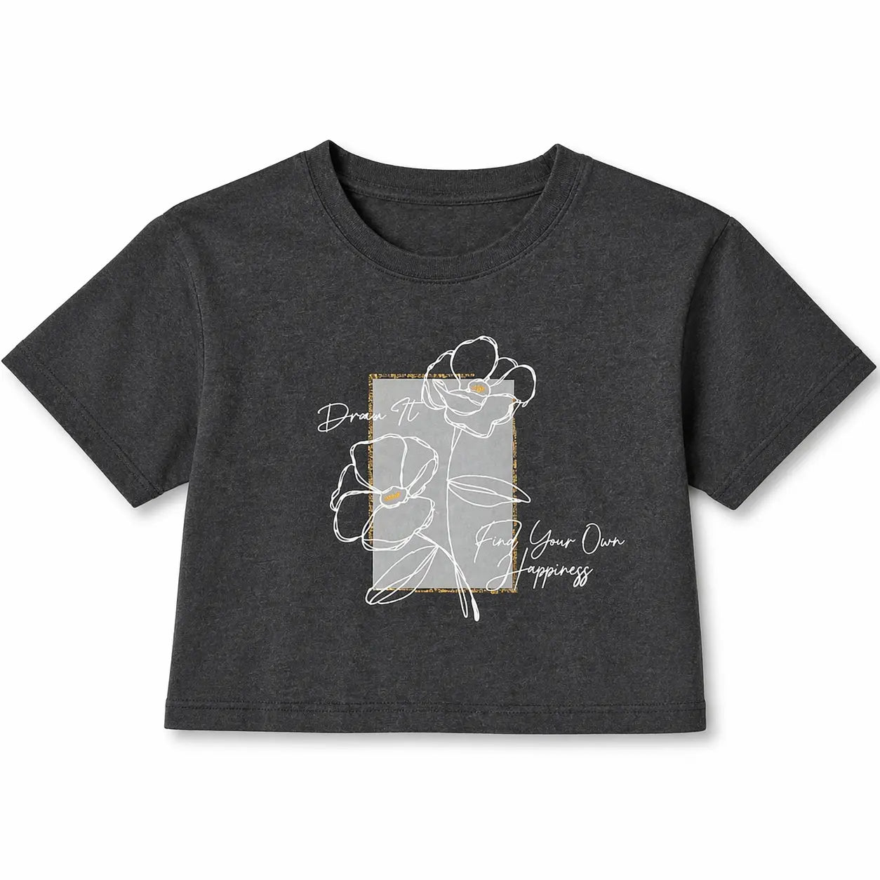 Charcoal Grey Floral Graphic Crop Top for Girls – Soft Cotton Summer Wear Kids T-Shirt BloomUp
