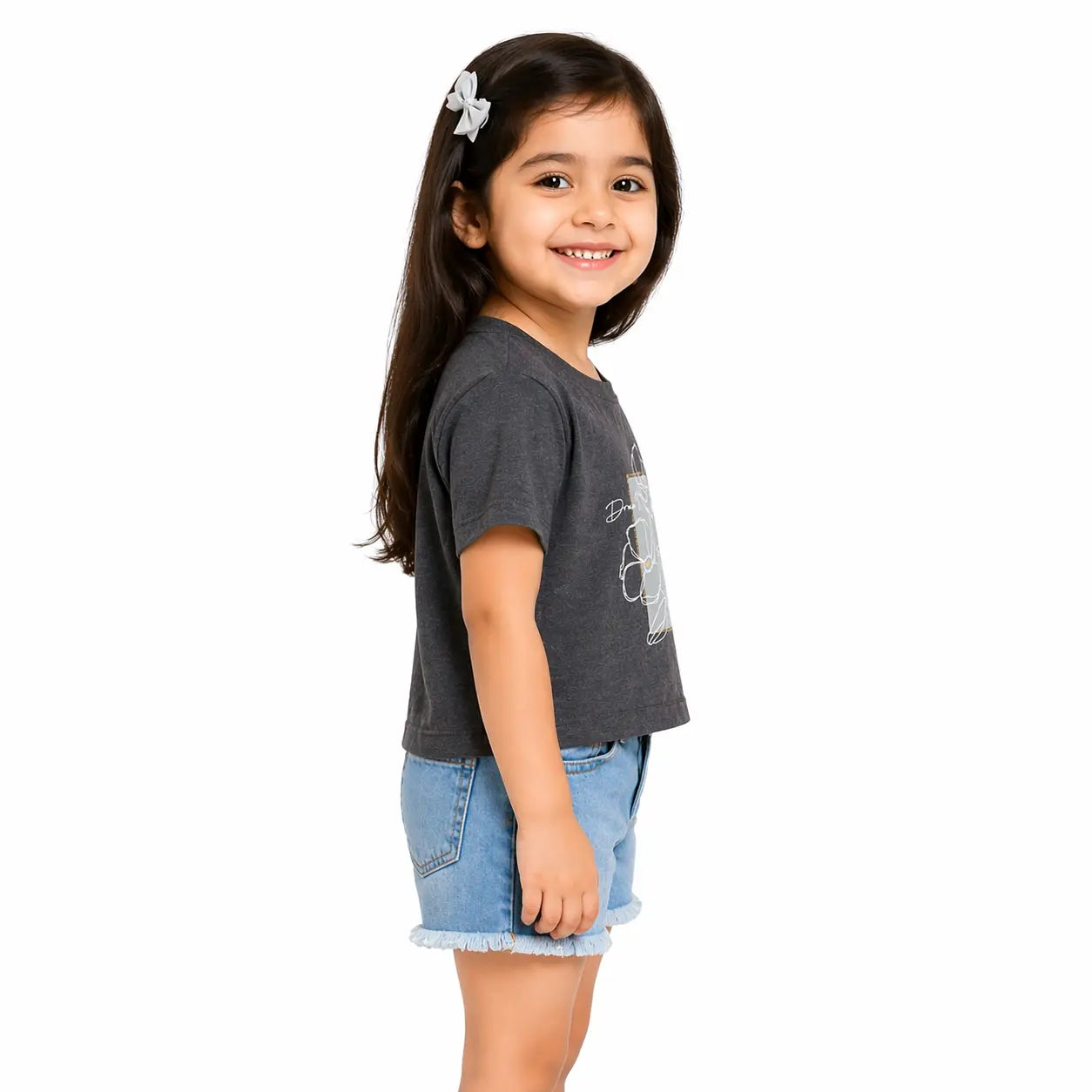Charcoal Grey Floral Graphic Crop Top for Girls – Soft Cotton Summer Wear Kids T-Shirt BloomUp