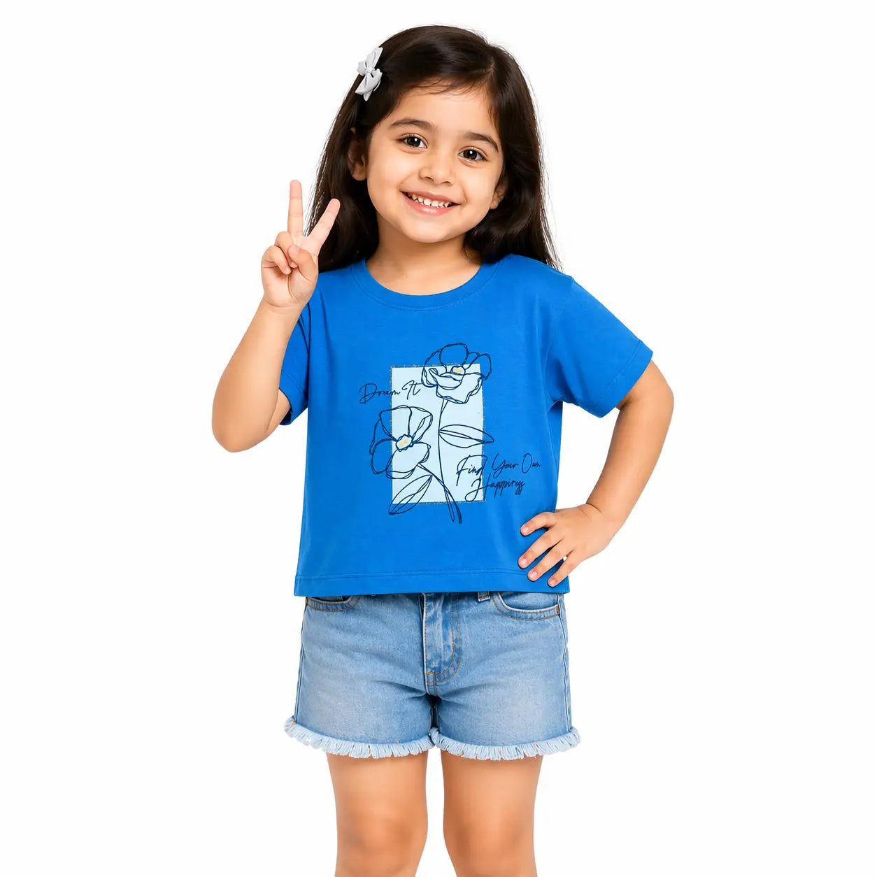 Sky Blue Floral Graphic Crop Top for Girls – Soft Cotton Summer Wear Kids T-Shirt BloomUp