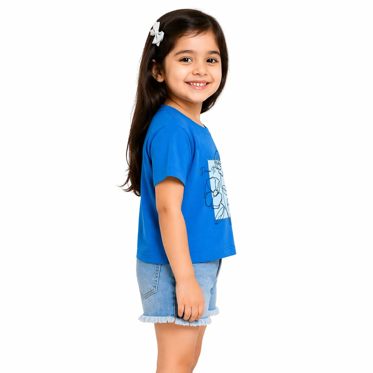 Sky Blue Floral Graphic Crop Top for Girls – Soft Cotton Summer Wear Kids T-Shirt BloomUp