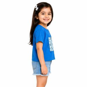 Sky Blue Floral Graphic Crop Top for Girls – Soft Cotton Summer Wear Kids T-Shirt BloomUp