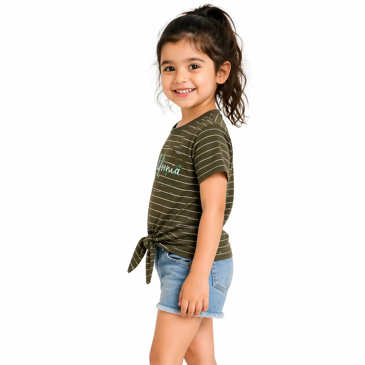 Olive Striped California Tie-Up Top for Girls – Soft Cotton Summer Wear Kids T-Shirt BloomUp