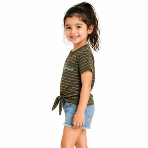 Olive Striped California Tie-Up Top for Girls – Soft Cotton Summer Wear Kids T-Shirt BloomUp