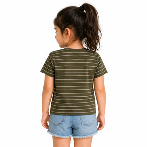 Olive Striped California Tie-Up Top for Girls – Soft Cotton Summer Wear Kids T-Shirt BloomUp