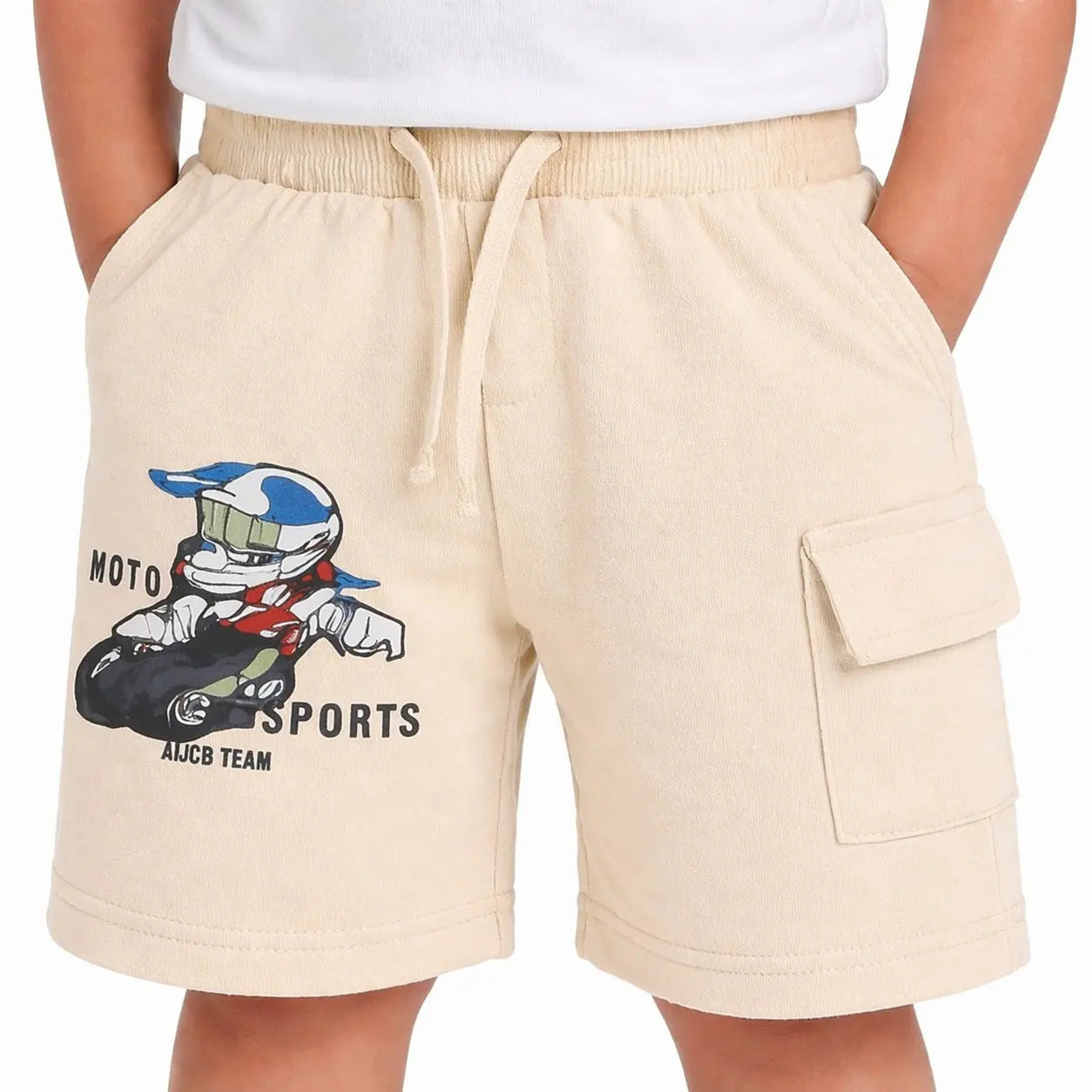 Kids Beige Moto Print Cargo Shorts with Drawstring Waist BloomUp