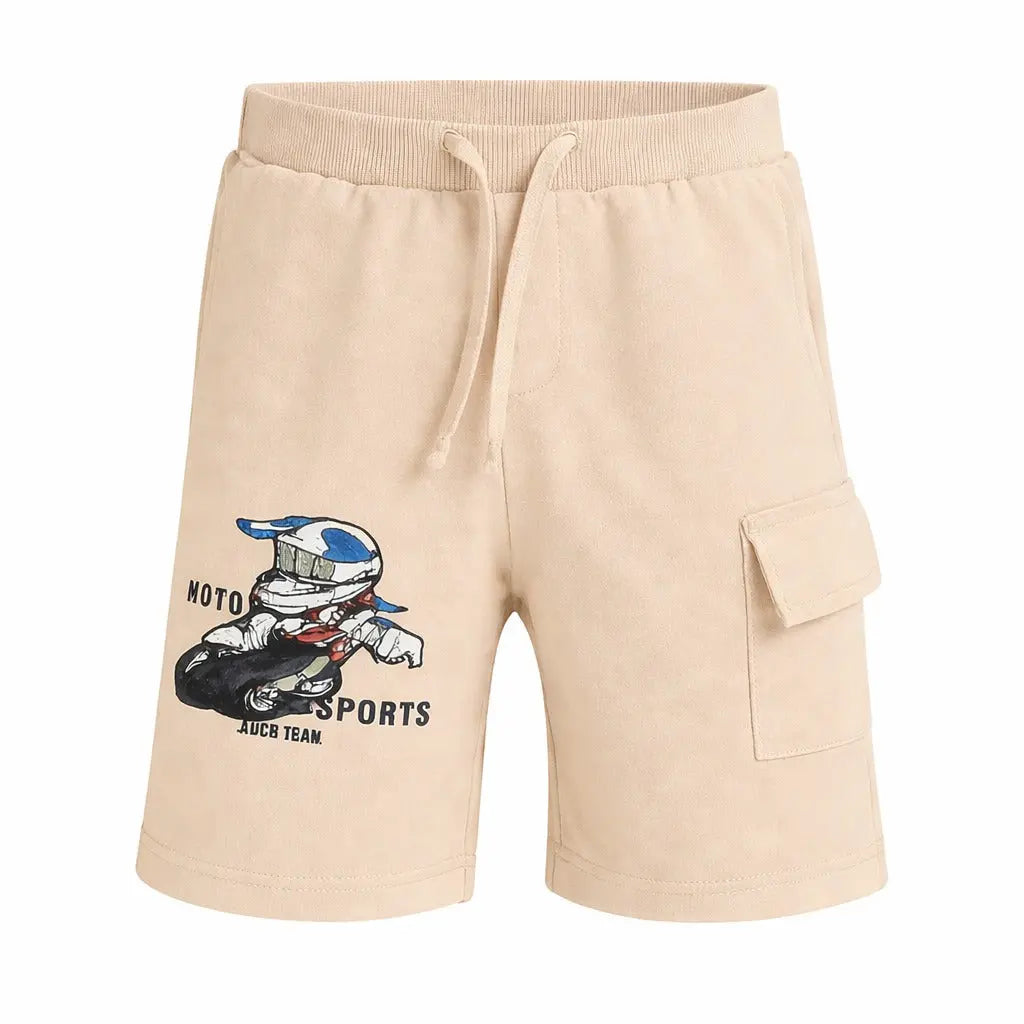 Kids Beige Moto Print Cargo Shorts with Drawstring Waist BloomUp