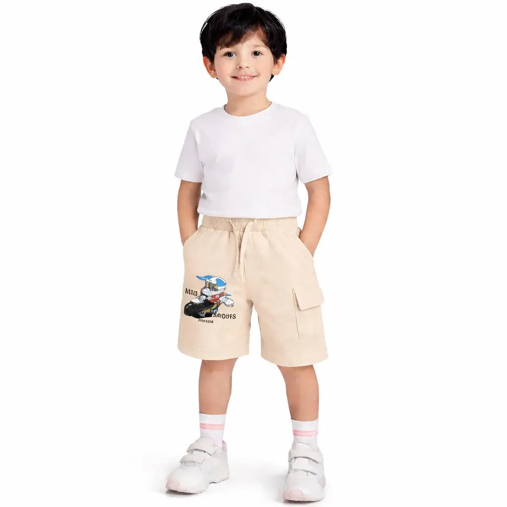 Kids Beige Moto Print Cargo Shorts with Drawstring Waist BloomUp