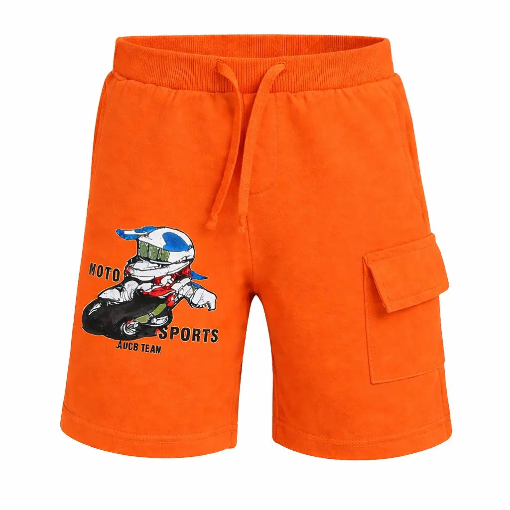 Kids Orange Moto Print Cargo Shorts with Drawstring Waist BloomUp