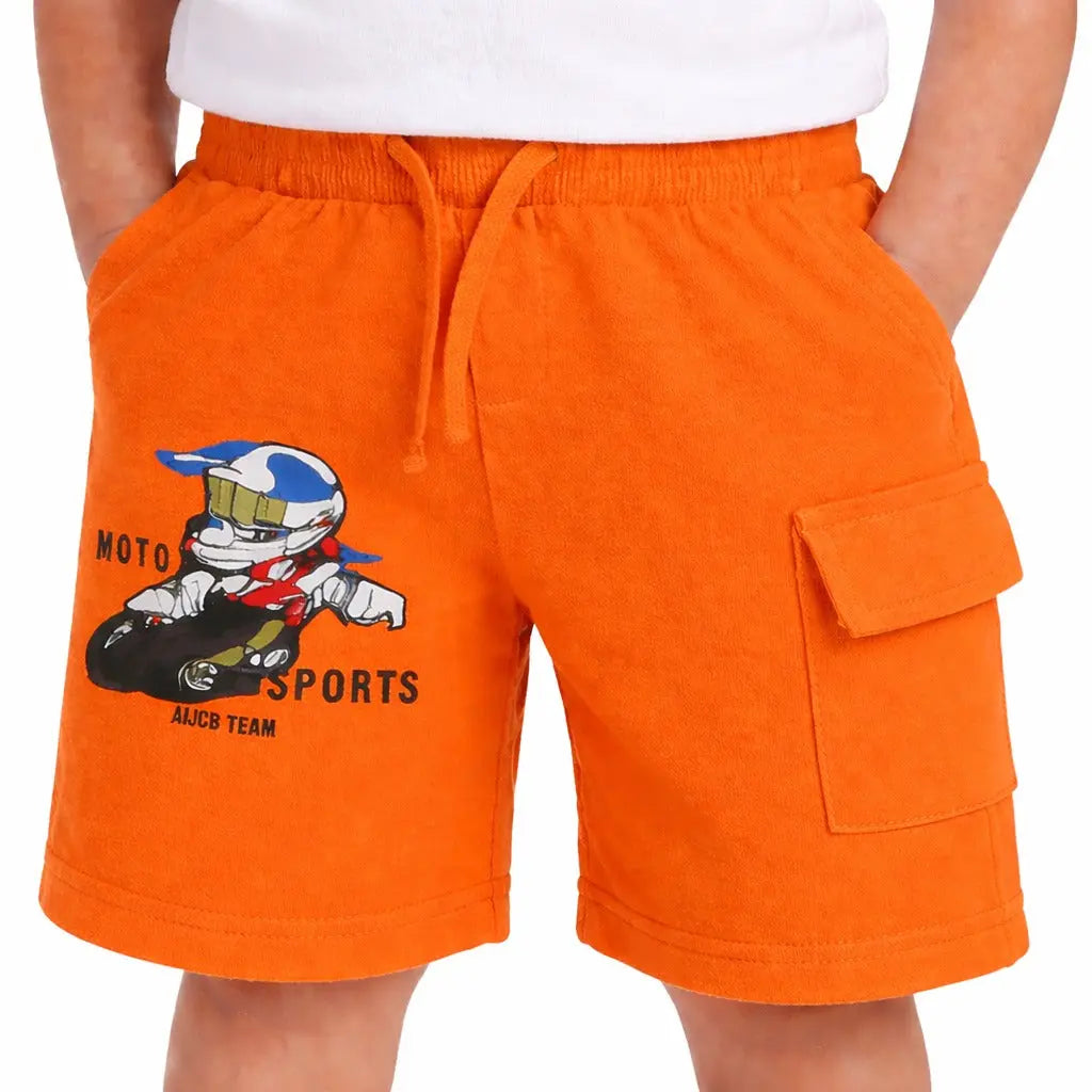 Kids Orange Moto Print Cargo Shorts with Drawstring Waist BloomUp