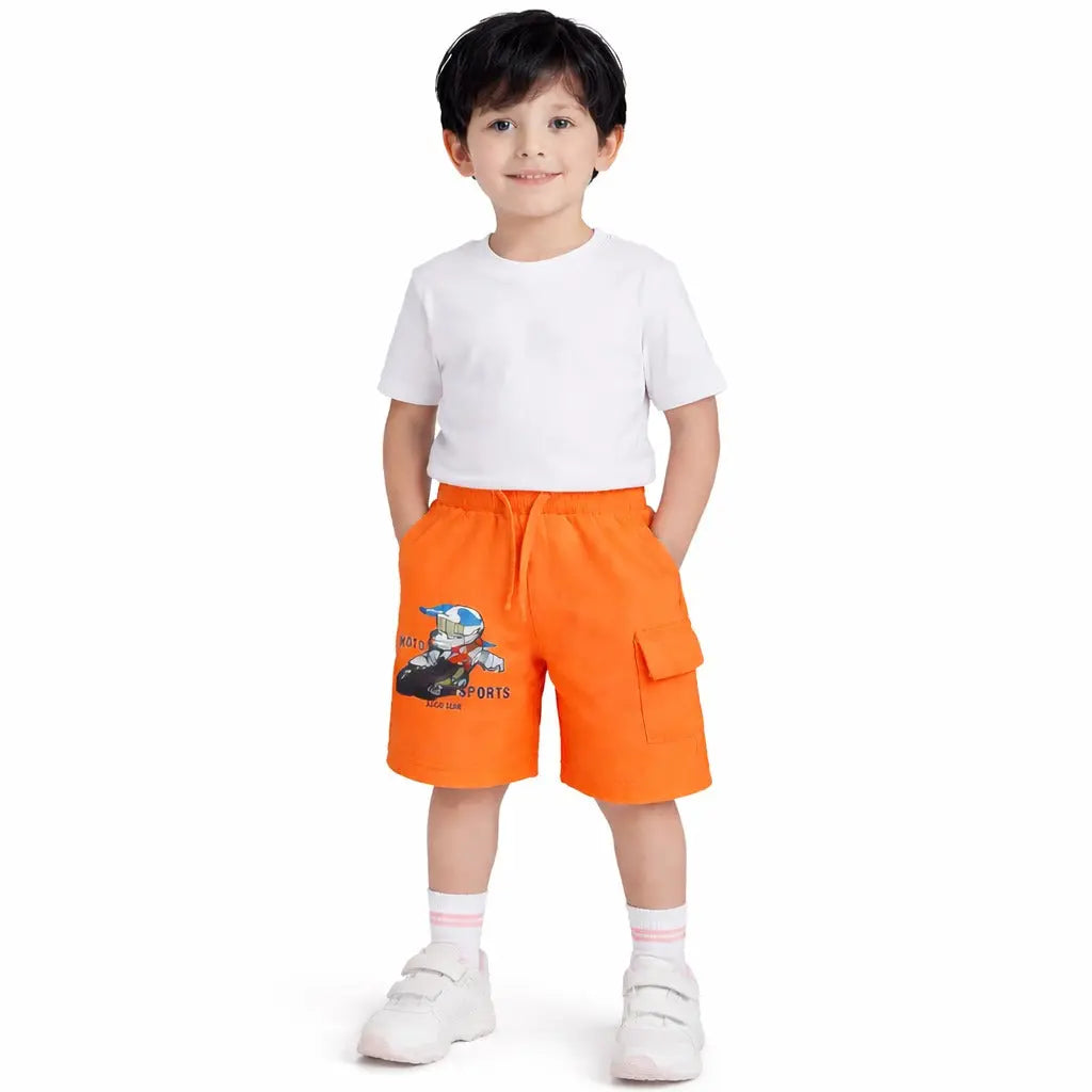 Kids Orange Moto Print Cargo Shorts with Drawstring Waist BloomUp
