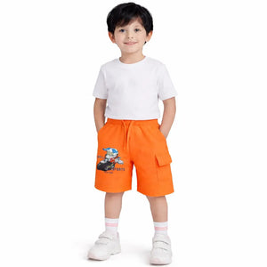 Kids Orange Moto Print Cargo Shorts with Drawstring Waist BloomUp