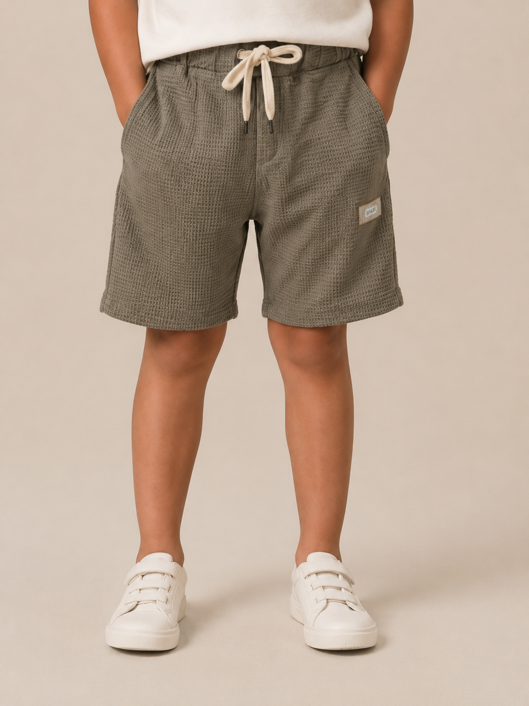 Olive Green Textured Drawstring Shorts for Boys – Soft Cotton Waffle Knit Summer Shorts BloomUp