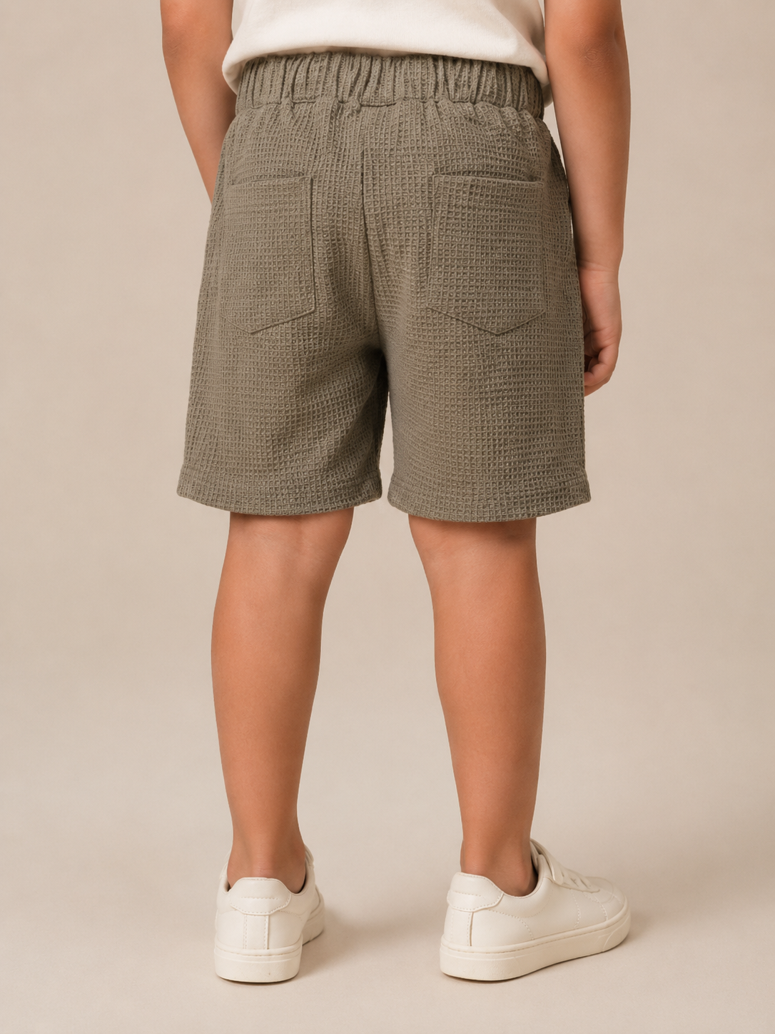 Olive Green Textured Drawstring Shorts for Boys – Soft Cotton Waffle Knit Summer Shorts BloomUp