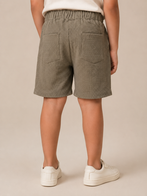Olive Green Textured Drawstring Shorts for Boys – Soft Cotton Waffle Knit Summer Shorts BloomUp