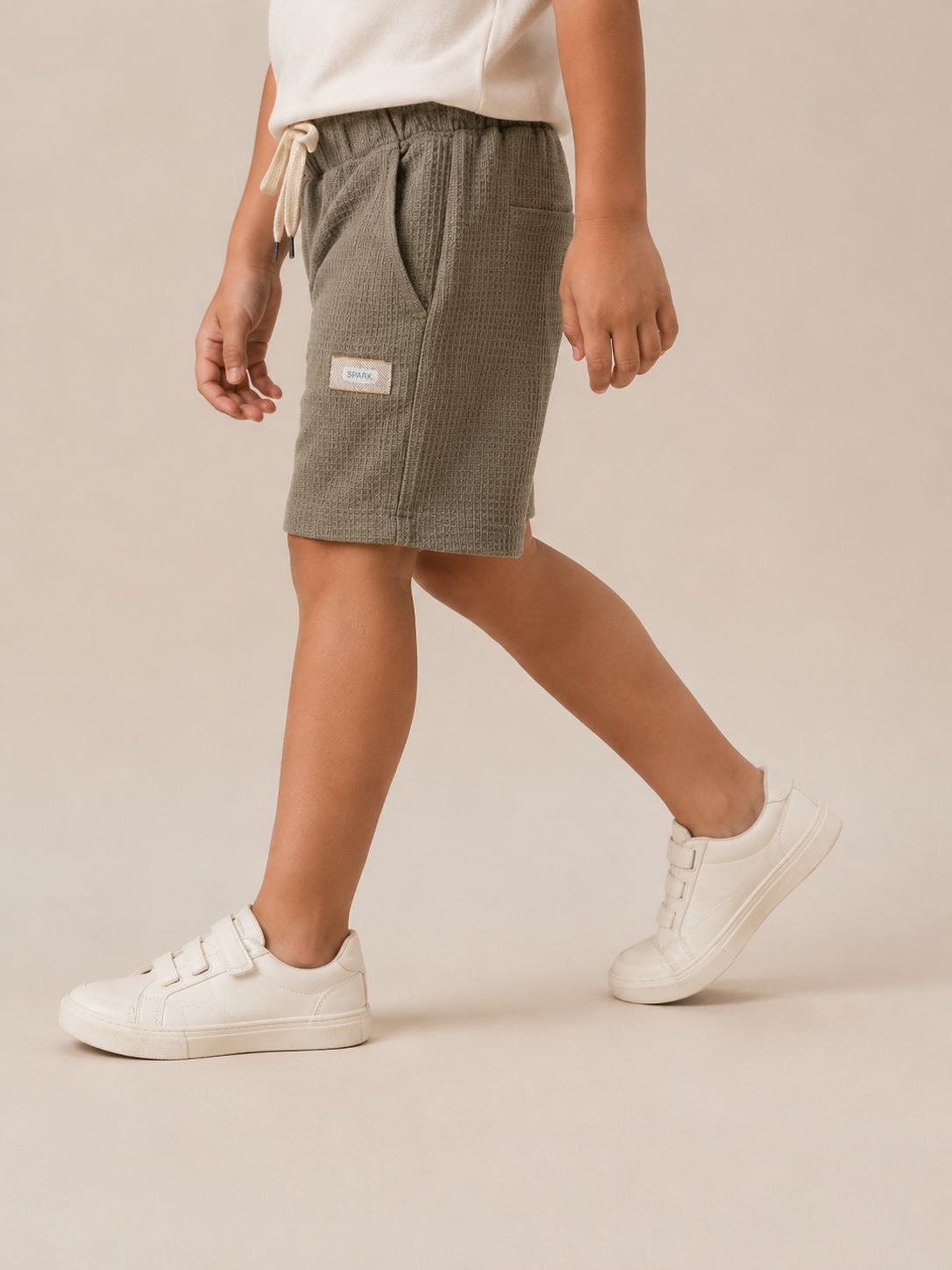 Olive Green Textured Drawstring Shorts for Boys – Soft Cotton Waffle Knit Summer Shorts BloomUp