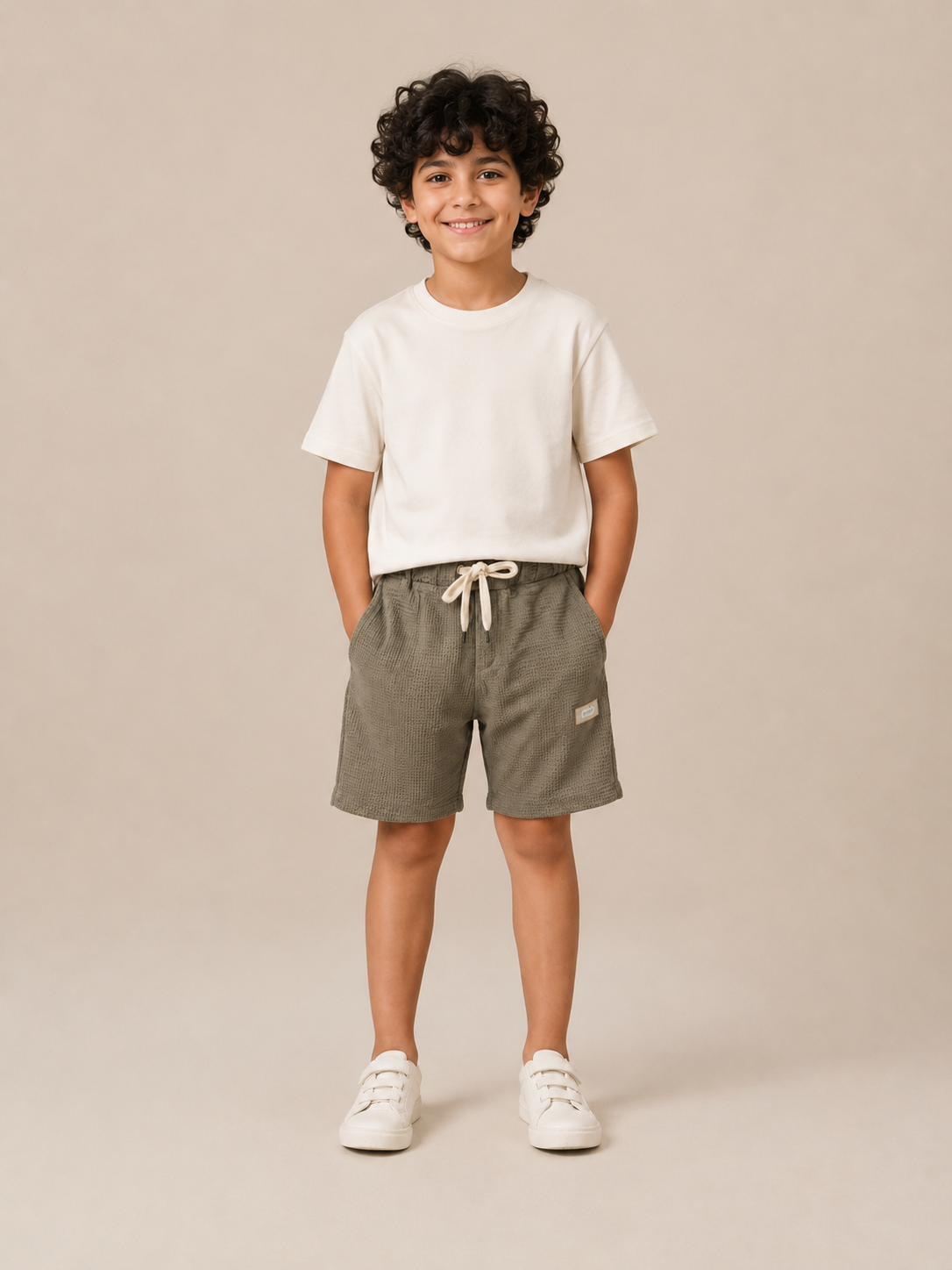 Olive Green Textured Drawstring Shorts for Boys – Soft Cotton Waffle Knit Summer Shorts BloomUp