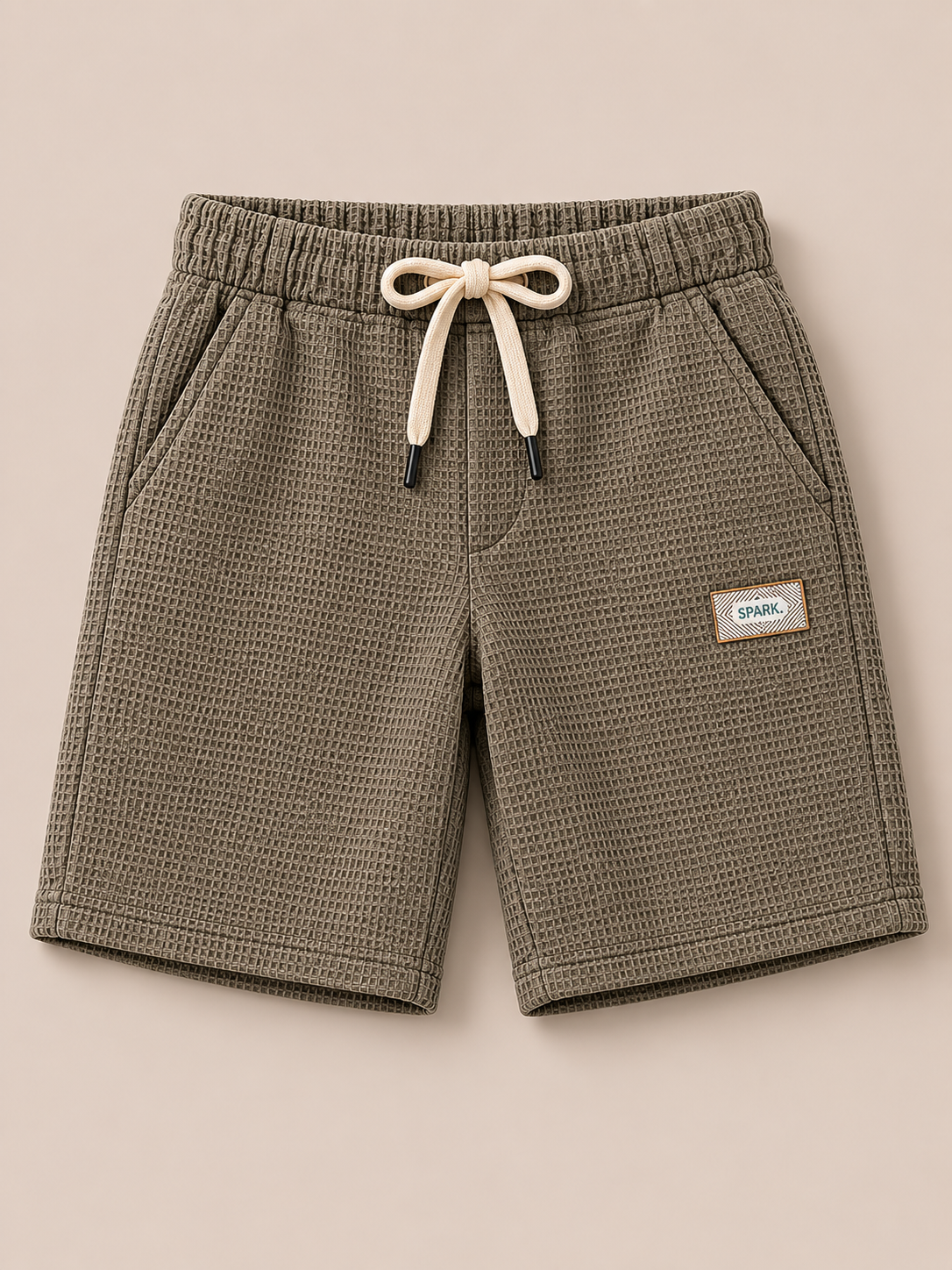 Olive Green Textured Drawstring Shorts for Boys – Soft Cotton Waffle Knit Summer Shorts BloomUp
