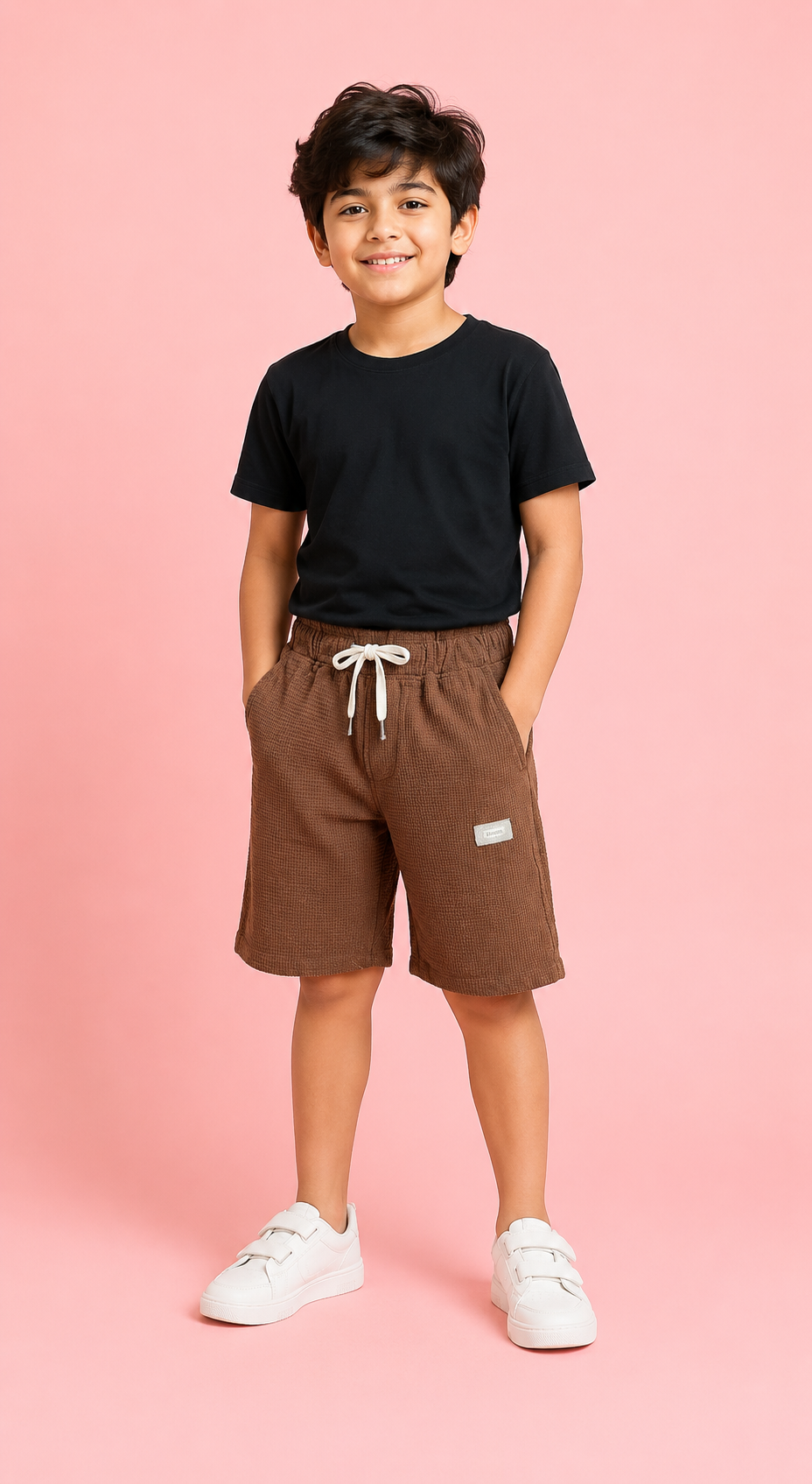 Brown Textured Drawstring Shorts for Boys – Soft Cotton Casual Summer Shorts BloomUp