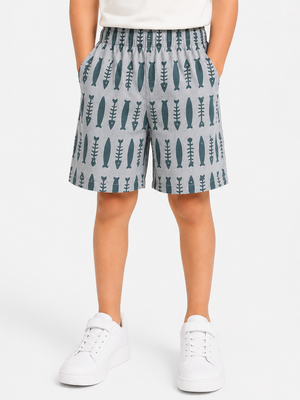 Boys Grey Geometric Printed Shorts Soft Cotton Bottom Wear BloomUp