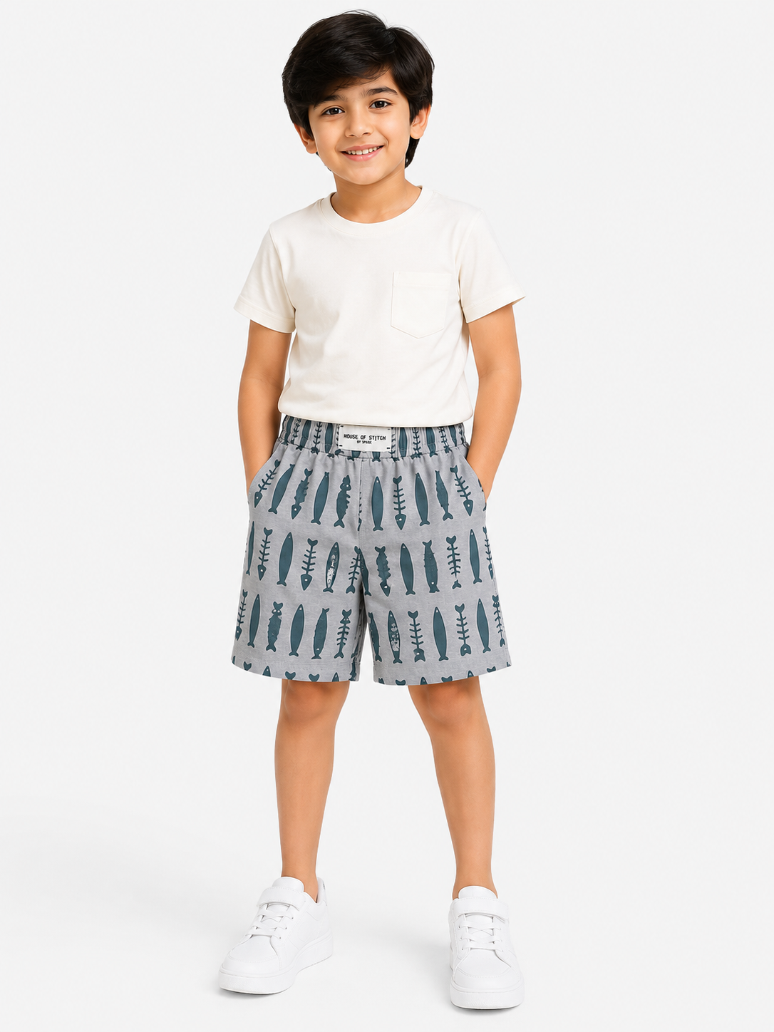 Boys Grey Geometric Printed Shorts Soft Cotton Bottom Wear BloomUp