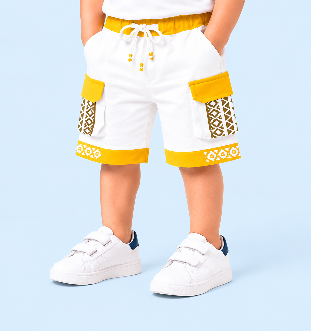 White & Mustard Yellow Cargo Shorts for Boys – Printed Multi-Pocket Summer Shorts BloomUp