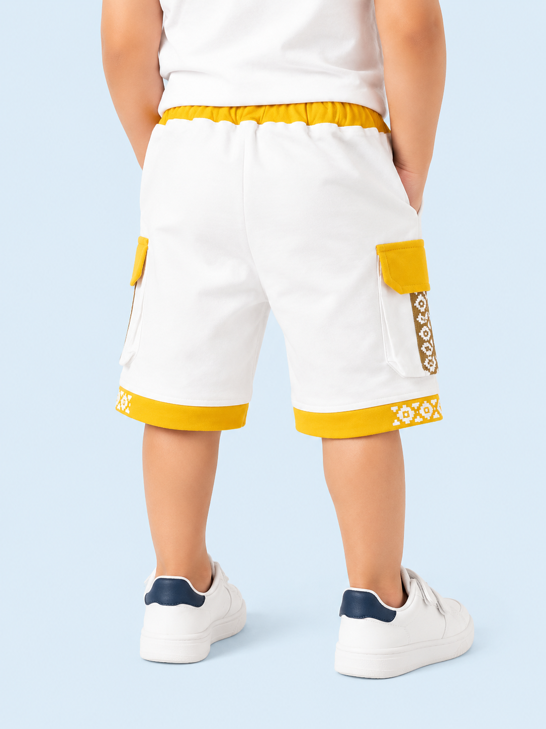 White & Mustard Yellow Cargo Shorts for Boys – Printed Multi-Pocket Summer Shorts BloomUp
