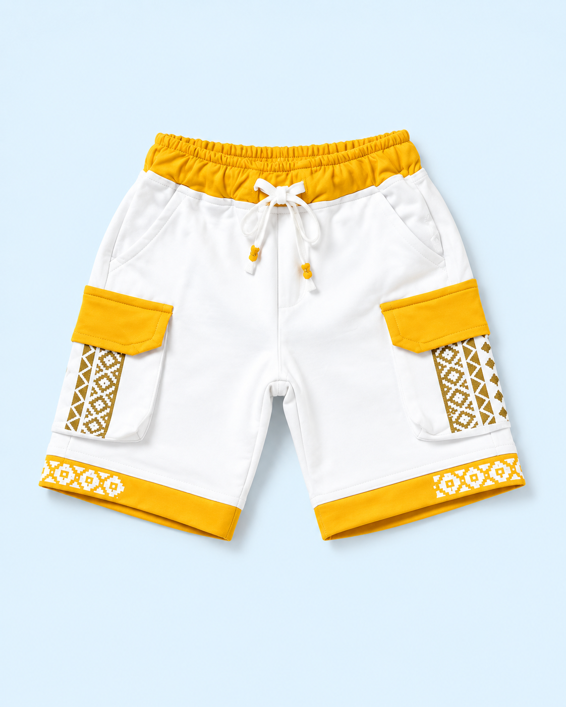 White & Mustard Yellow Cargo Shorts for Boys – Printed Multi-Pocket Summer Shorts BloomUp